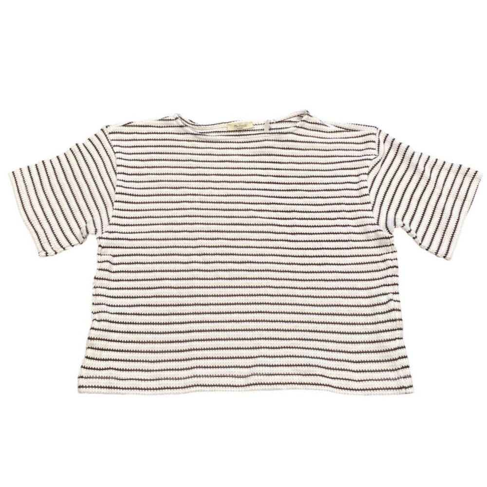 NWT Madewell Women's Sz XS Embroidered Boxy Knit Tee in Stripe Cream Brown NV988 - Picture 2 of 9